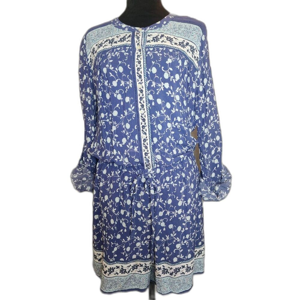 Ann Taylor LOFT Roll Tab Blue and White Floral Romper Sz M Cottagecore Boho Chic